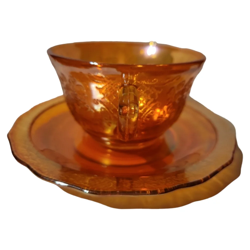 Federal Normandie Lattice & Daisy Sunburst Depression Glass Tea Cup Saucer 1934 - Picture 6 of 13